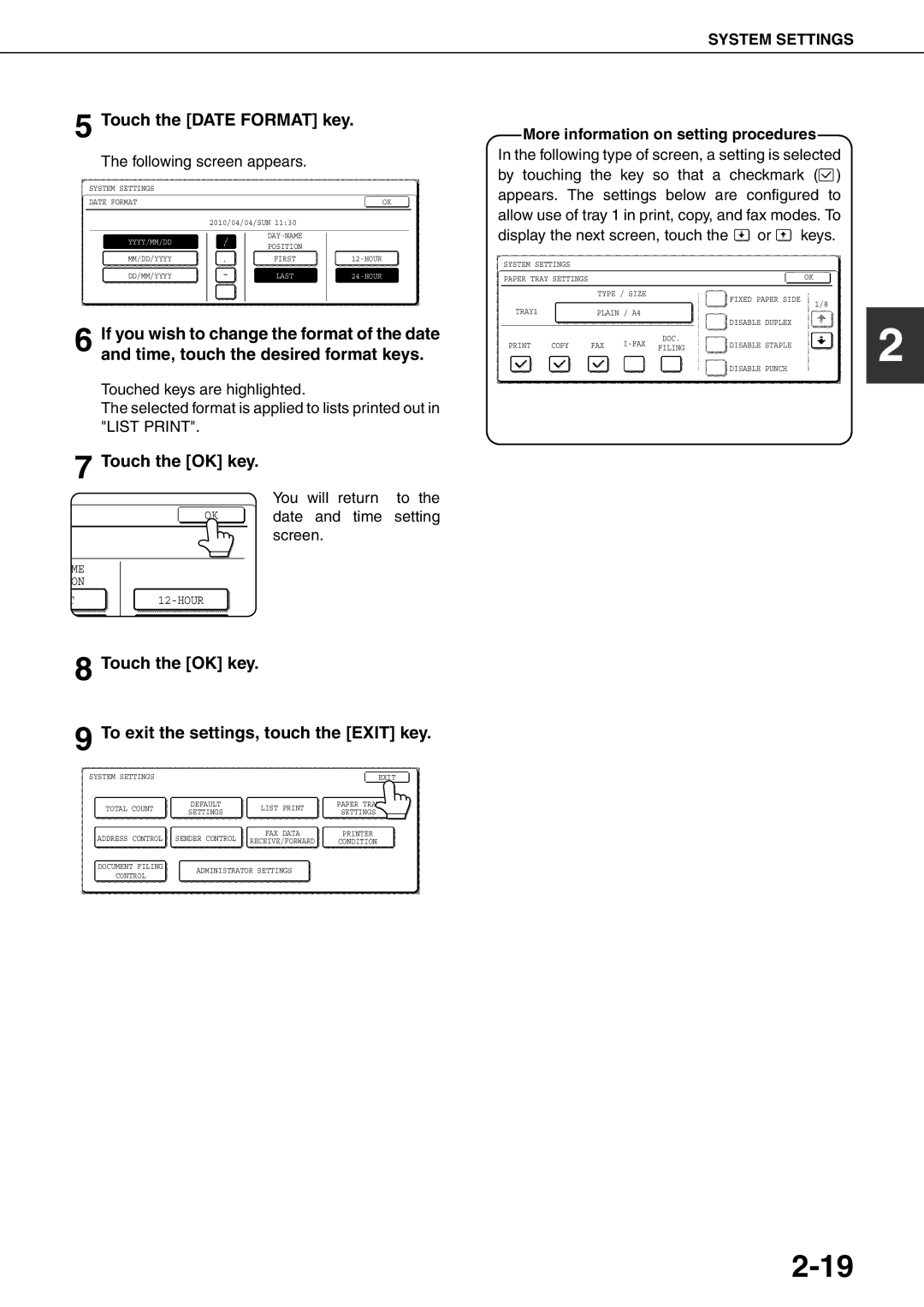 Sharp MX-M550U, MX-M700N, MX-M620N Touch the Date Format key, Touch the OK key To exit the settings, touch the Exit key 