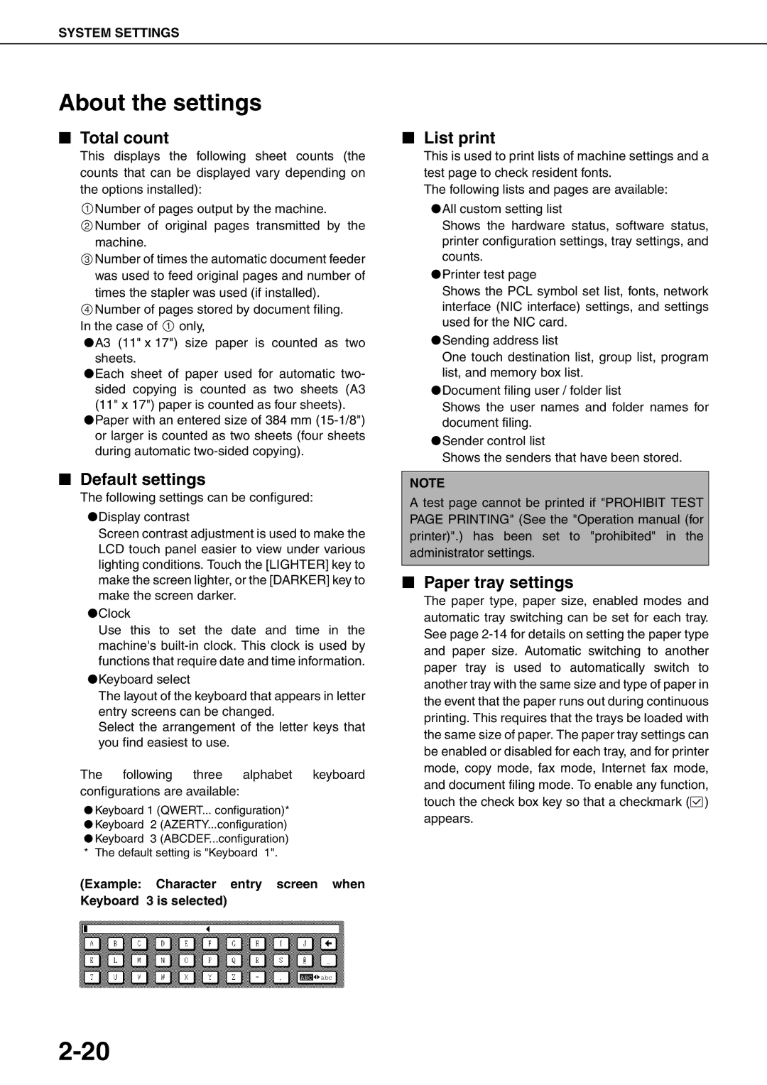 Sharp MX-M620N, MX-M700N, MX-M550U About the settings, Total count, Default settings, List print, Paper tray settings 