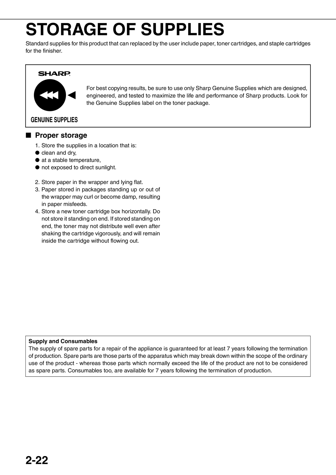 Sharp MX-M550N, MX-M700N, MX-M550U, MX-M620N, MX-M700U, MX-M620U Storage of Supplies, Proper storage, Supply and Consumables 