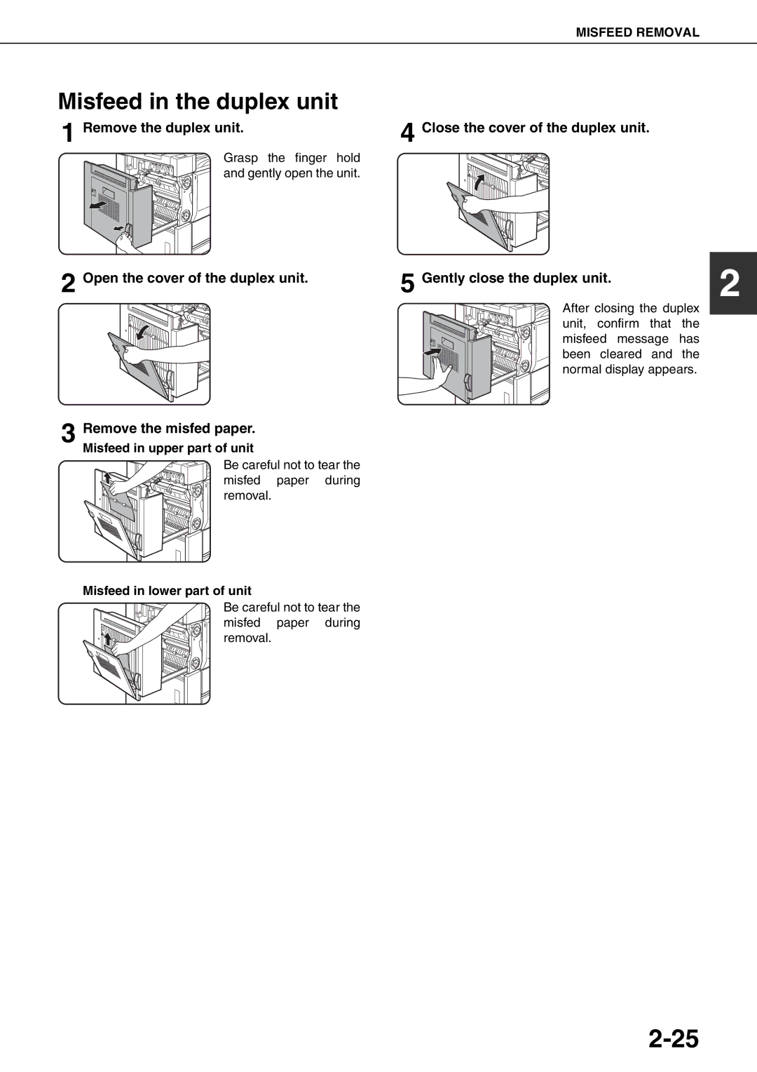 Sharp MX-M550U, MX-M700N, MX-M620N Misfeed in the duplex unit, Open the cover of the duplex unit Remove the misfed paper 