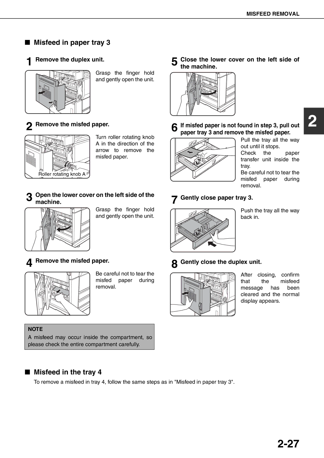 Sharp MX-M700U, MX-M700N Misfeed in paper tray, Misfeed in the tray, Open the lower cover on the left side of the machine 