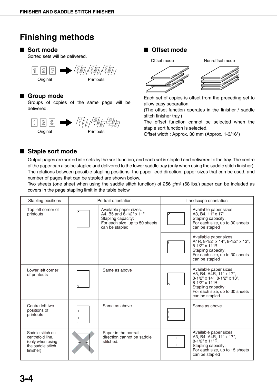 Sharp MX-M620N, MX-M700N, MX-M550U, MX-M700U, MX-M550N Finishing methods, Sort mode Offset mode, Group mode, Staple sort mode 