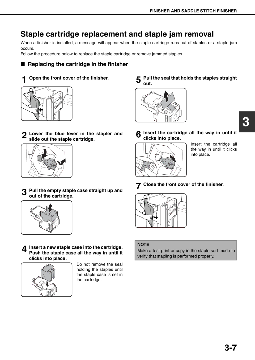 Sharp MX-M620U, MX-M700N Staple cartridge replacement and staple jam removal, Replacing the cartridge in the finisher, Out 