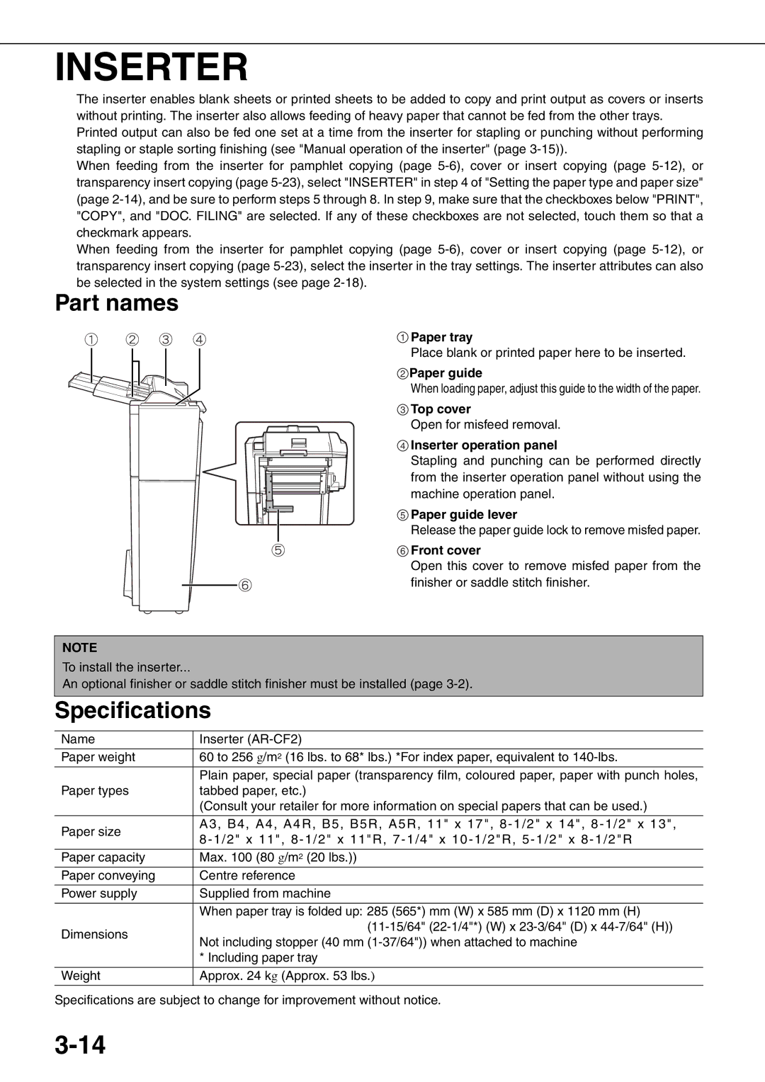 Sharp MX-M700N, MX-M550U, MX-M620N, MX-M700U, MX-M550N Paper tray, Inserter operation panel, Paper guide lever 