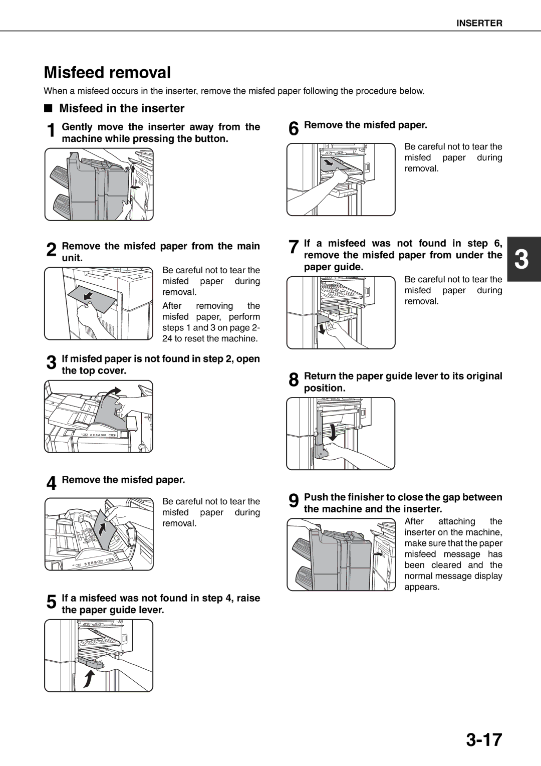 Sharp MX-M700U, MX-M700N, MX-M550U, MX-M620N, MX-M550N, MX-M620U specifications Misfeed removal, Misfeed in the inserter 