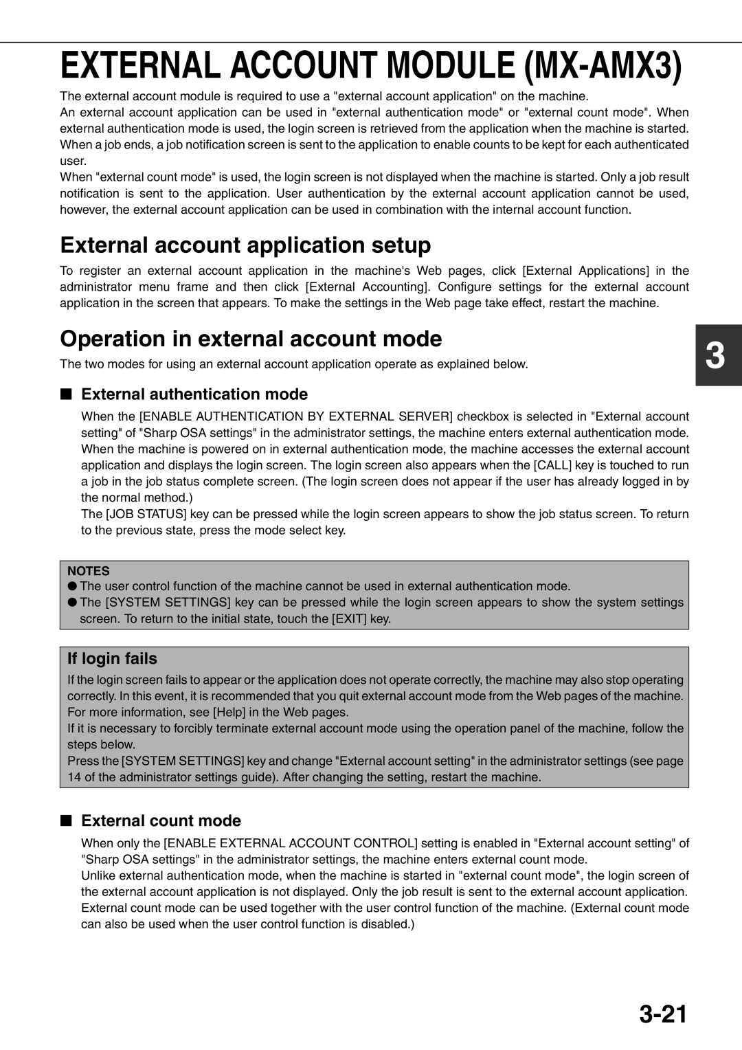 Sharp MX-M550U External account application setup, Operation in external account mode, External authentication mode 