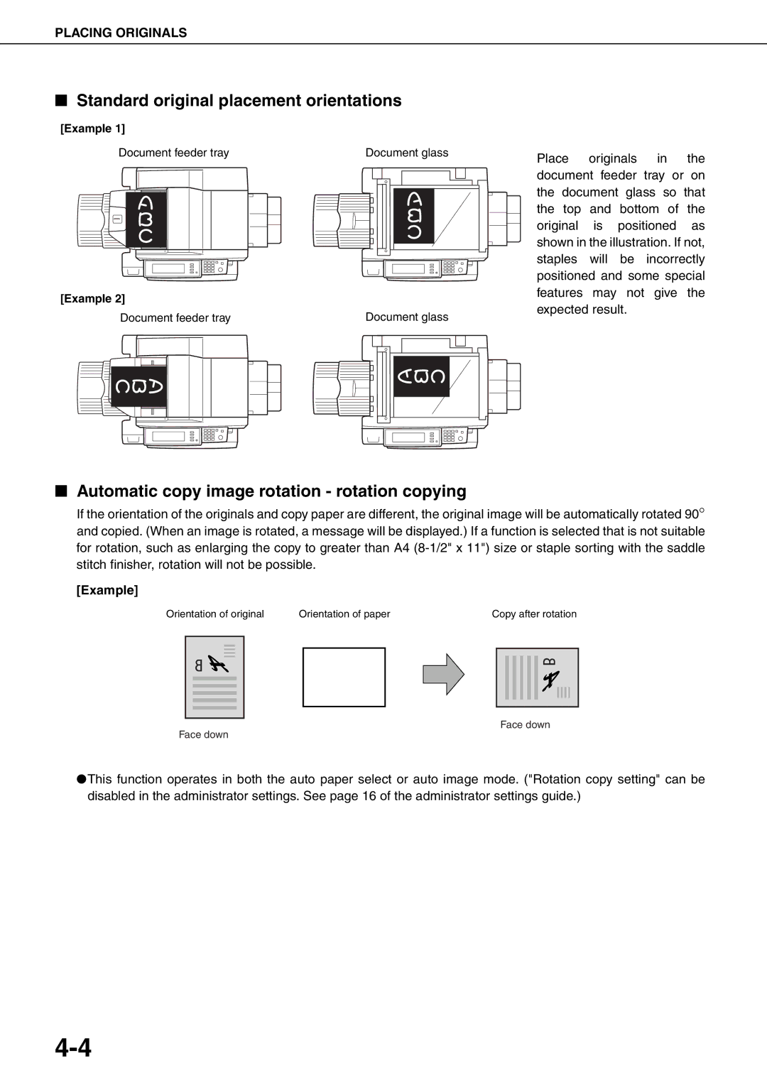 Sharp MX-M620N, MX-M700N, MX-M550U Standard original placement orientations, Automatic copy image rotation rotation copying 