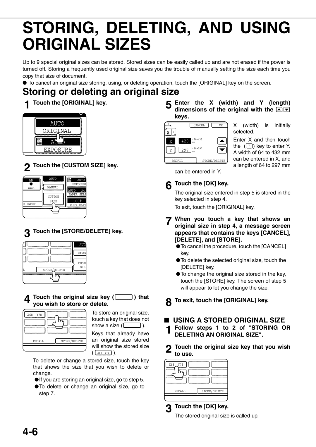 Sharp MX-M550N, MX-M700N, MX-M550U STORING, DELETING, and Using Original Sizes, Storing or deleting an original size 