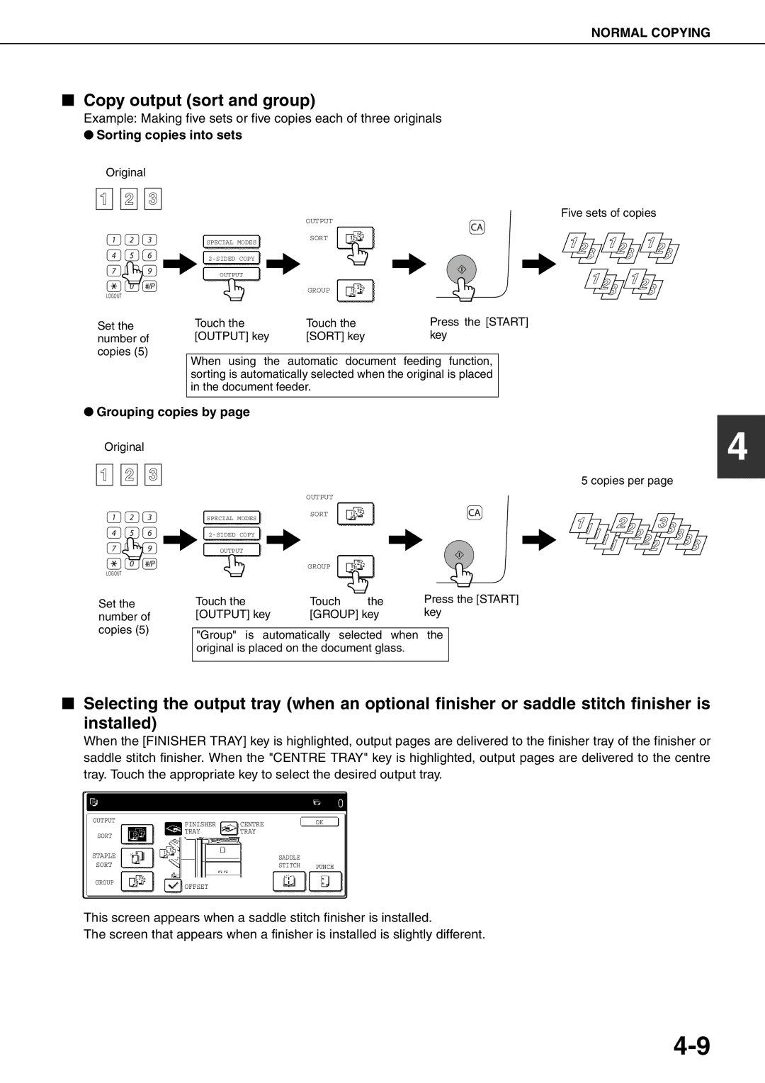 Sharp MX-M550U, MX-M700N, MX-M620N, MX-M700U Copy output sort and group, Sorting copies into sets, Grouping copies by 