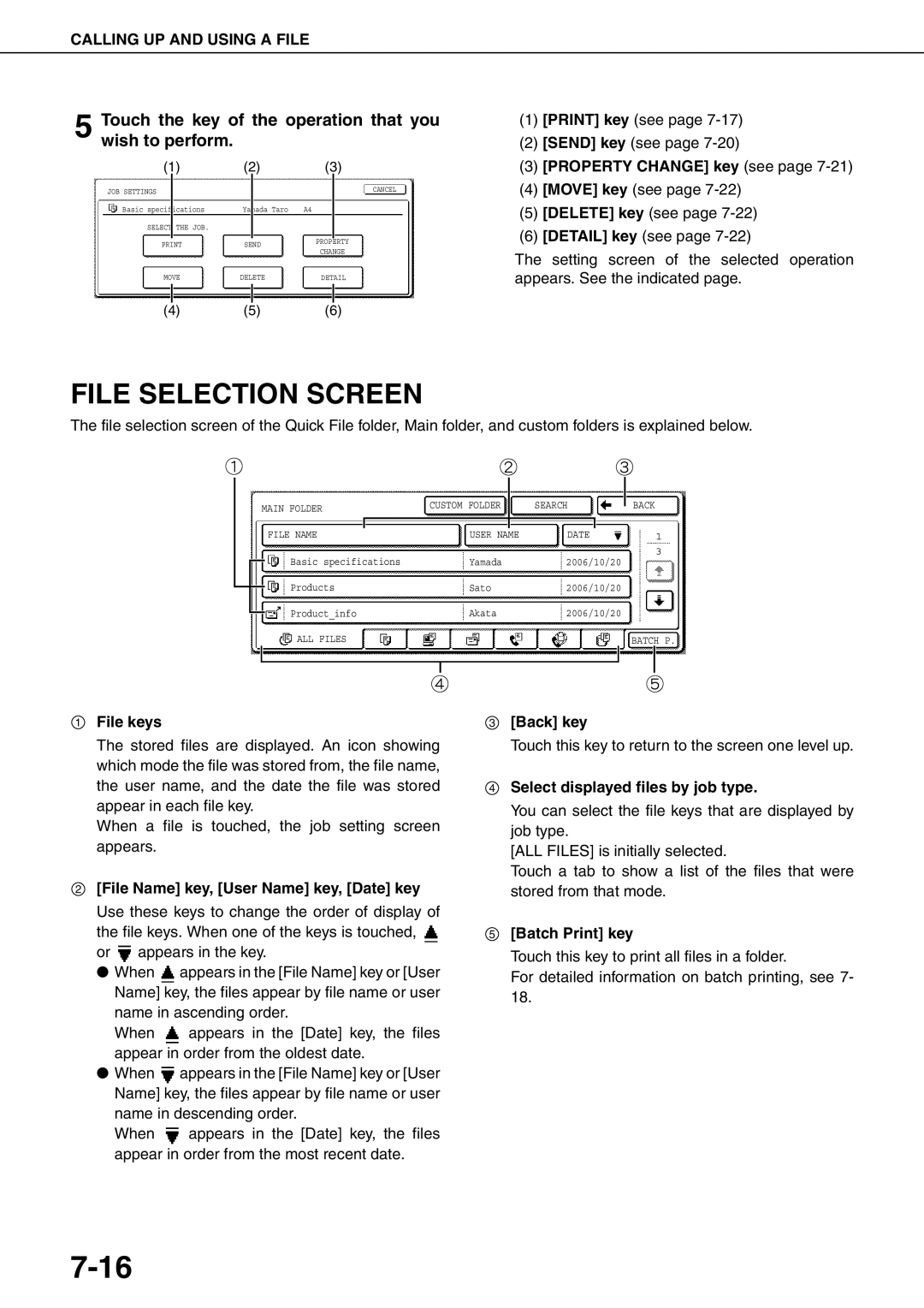 Sharp MX-M700N 7-16, File Selection Screen, Touch the key of the operation that you wish to perform, File keys, Back key 