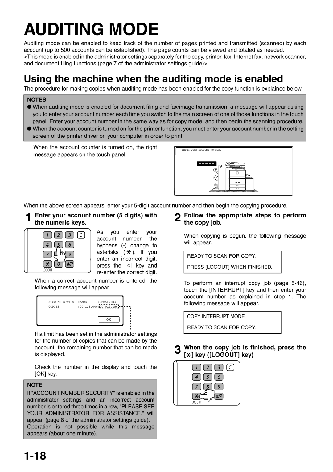 Sharp MX-M700N, MX-M550U, MX-M620N, MX-M700U Auditing Mode, 1-18, Using the machine when the auditing mode is enabled 