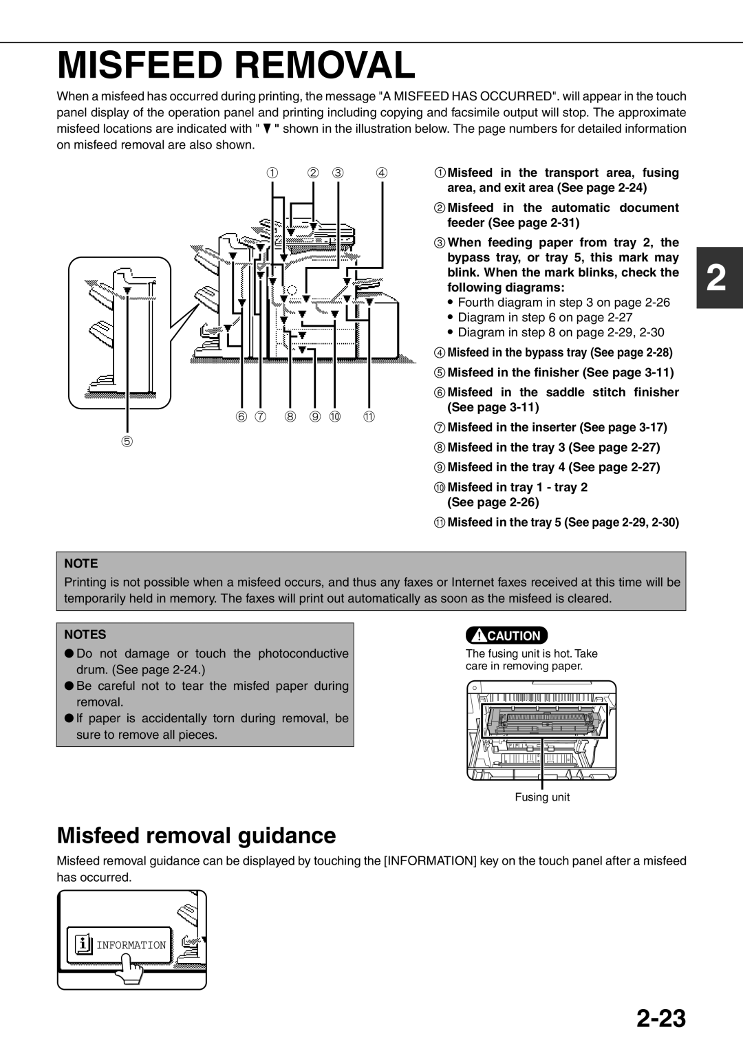 Sharp MX-M620U Misfeed Removal, 2-23, Misfeed removal guidance, Misfeed in the automatic document feeder See page 