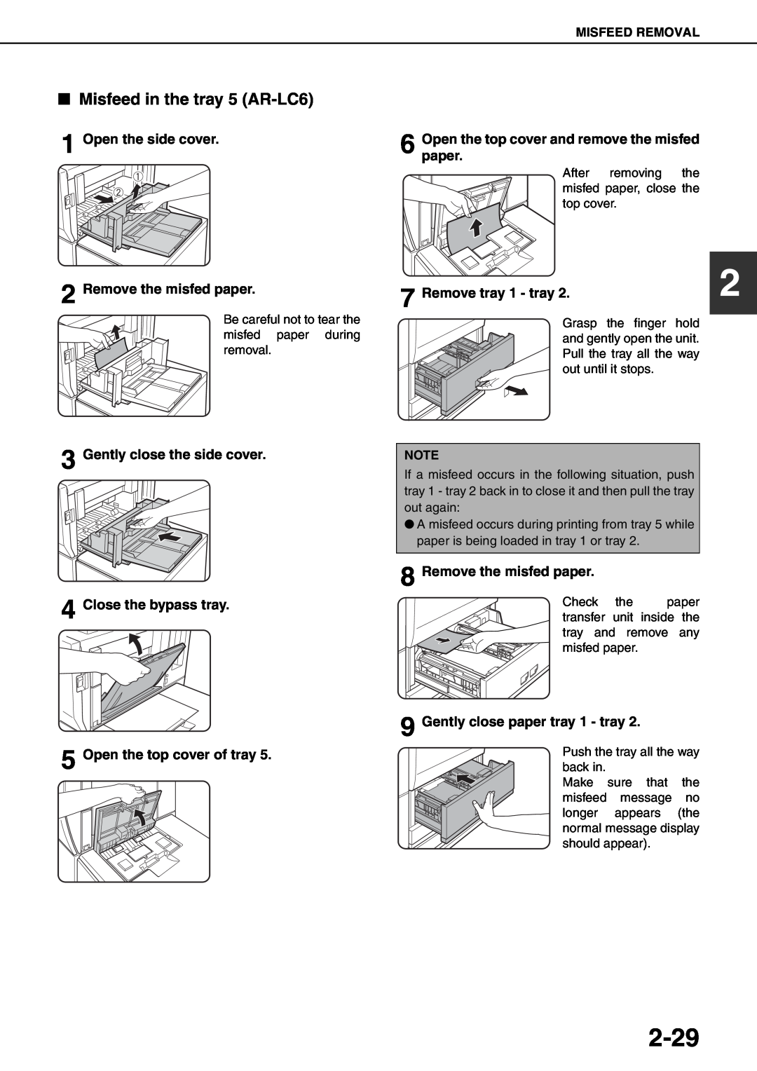 Sharp MX-M620U 2-29, Misfeed in the tray 5 AR-LC6, Open the side cover 2 Remove the misfed paper, Remove tray 1 - tray 