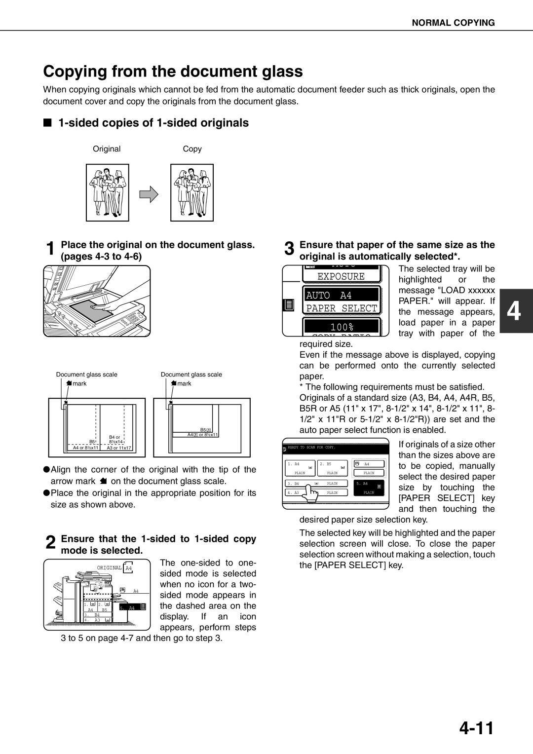 Sharp MX-M700U 4-11, Copying from the document glass, Place the original on the document glass. pages 4-3 to, Auto 