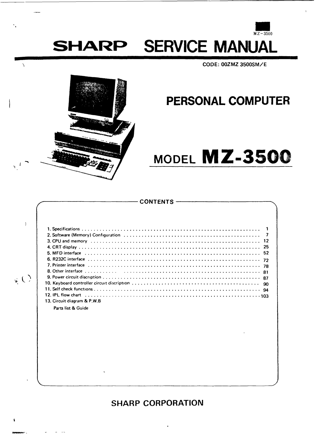 Sharp MZ-3500 service manual Personal Computer Model Z-350 