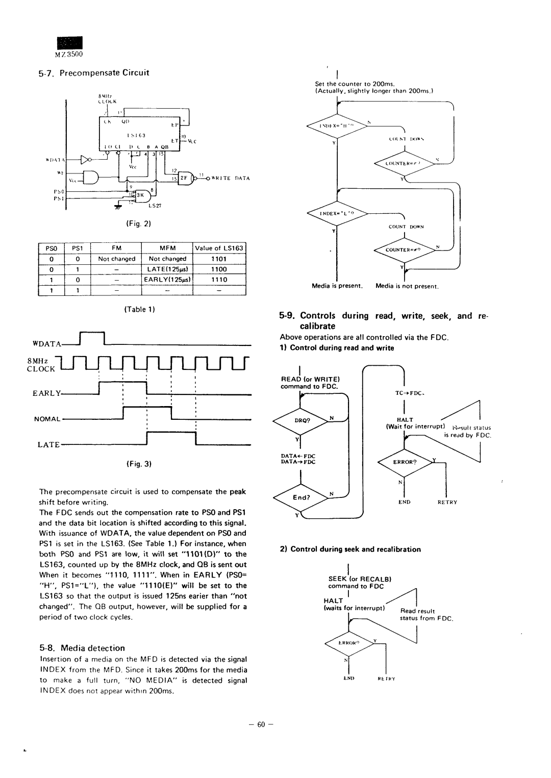 Sharp MZ-3500 service manual Controls during read, write, seek, and re- calibrate, Media detection, Precompensate Circuit 