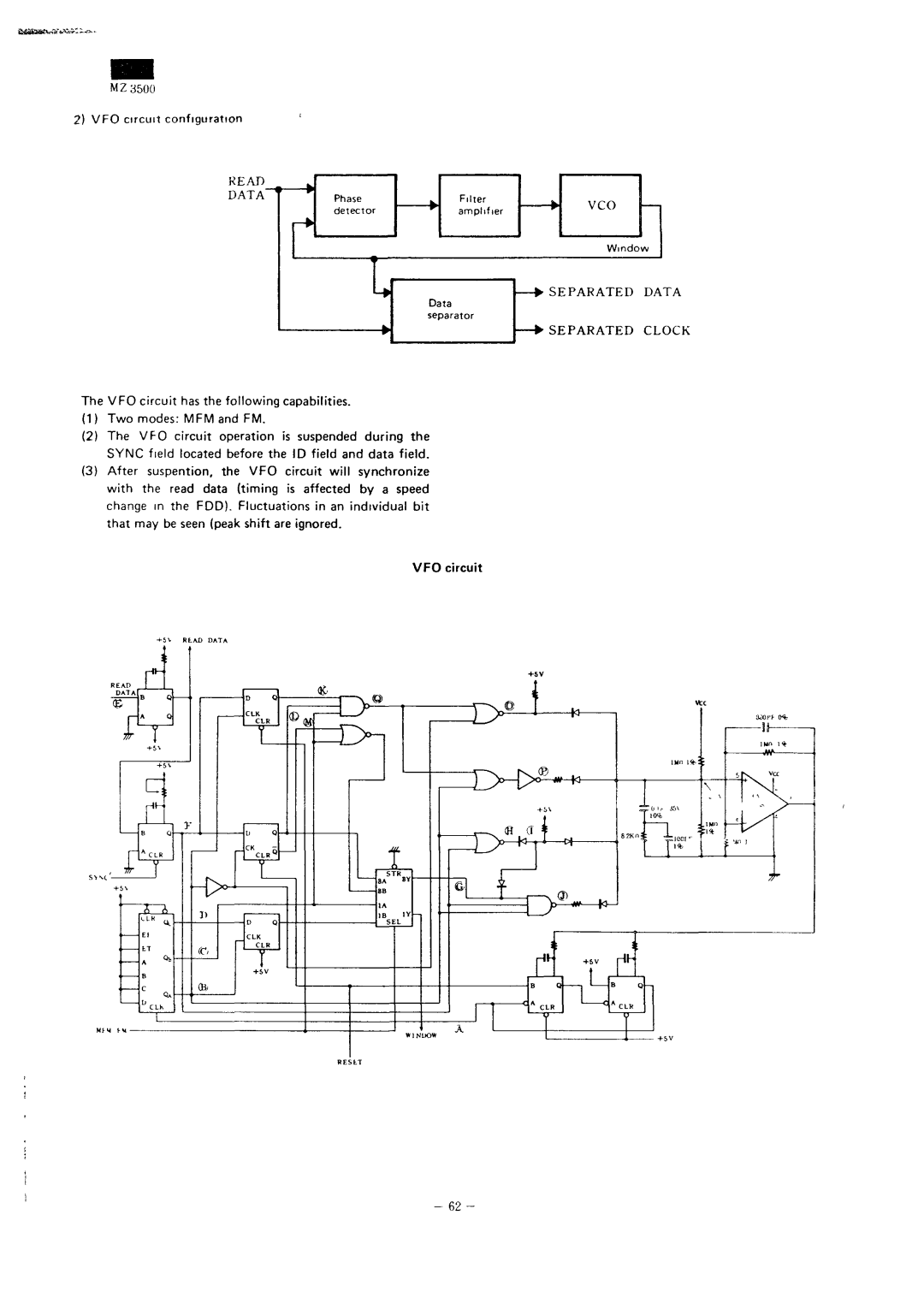 Sharp MZ-3500 service manual VFO circuit configuration, Filter Phase Detector Amplifier Window 