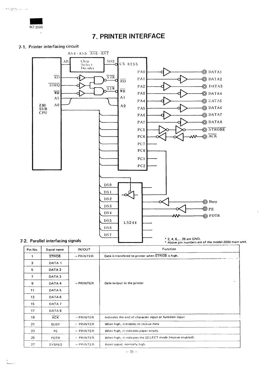 Sharp MZ-3500 service manual Printer interfacing circuit, AA3, Dat, DS7 