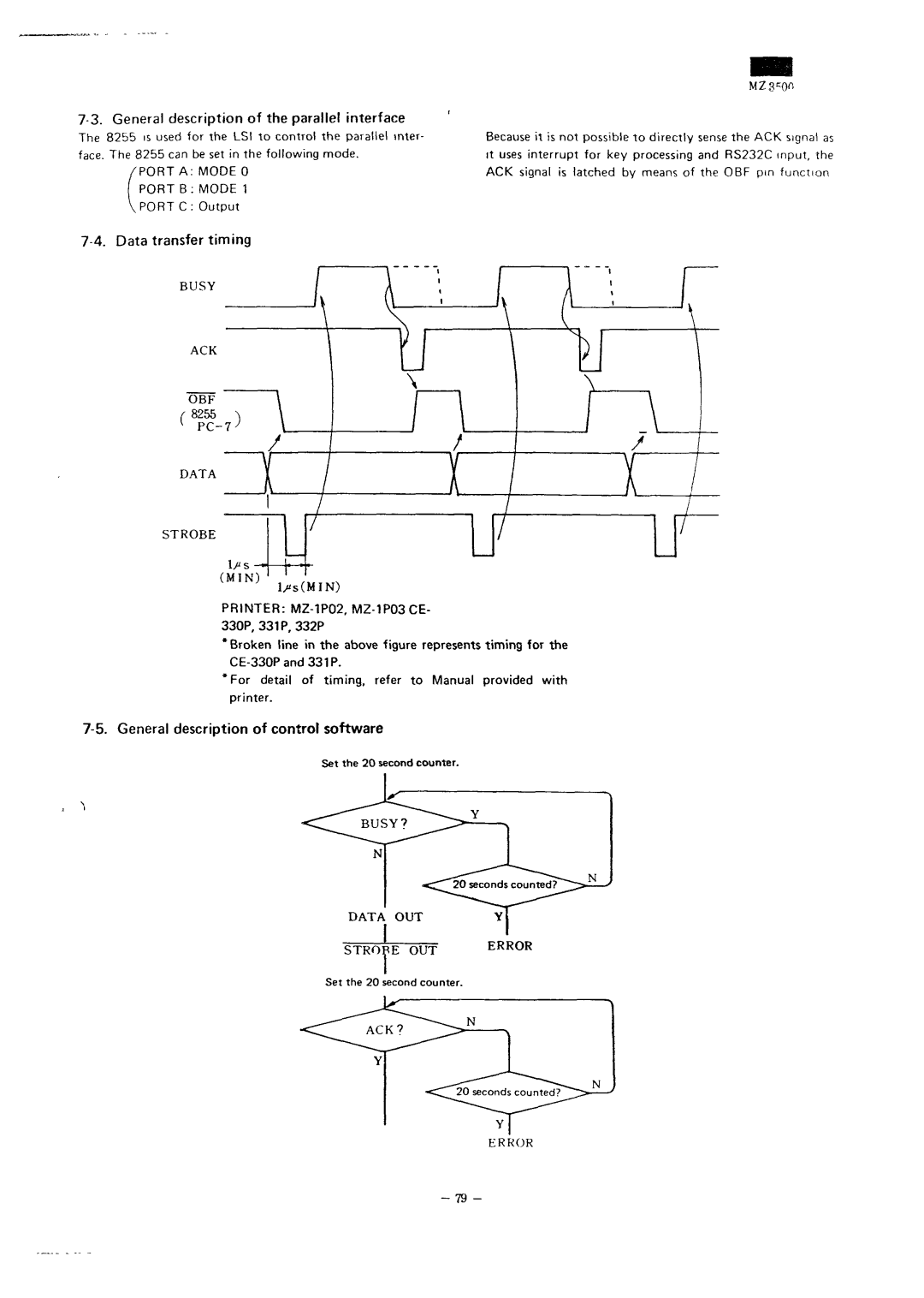 Sharp MZ-3500 service manual General description of the parallel interface, Output, Data transfer timing 