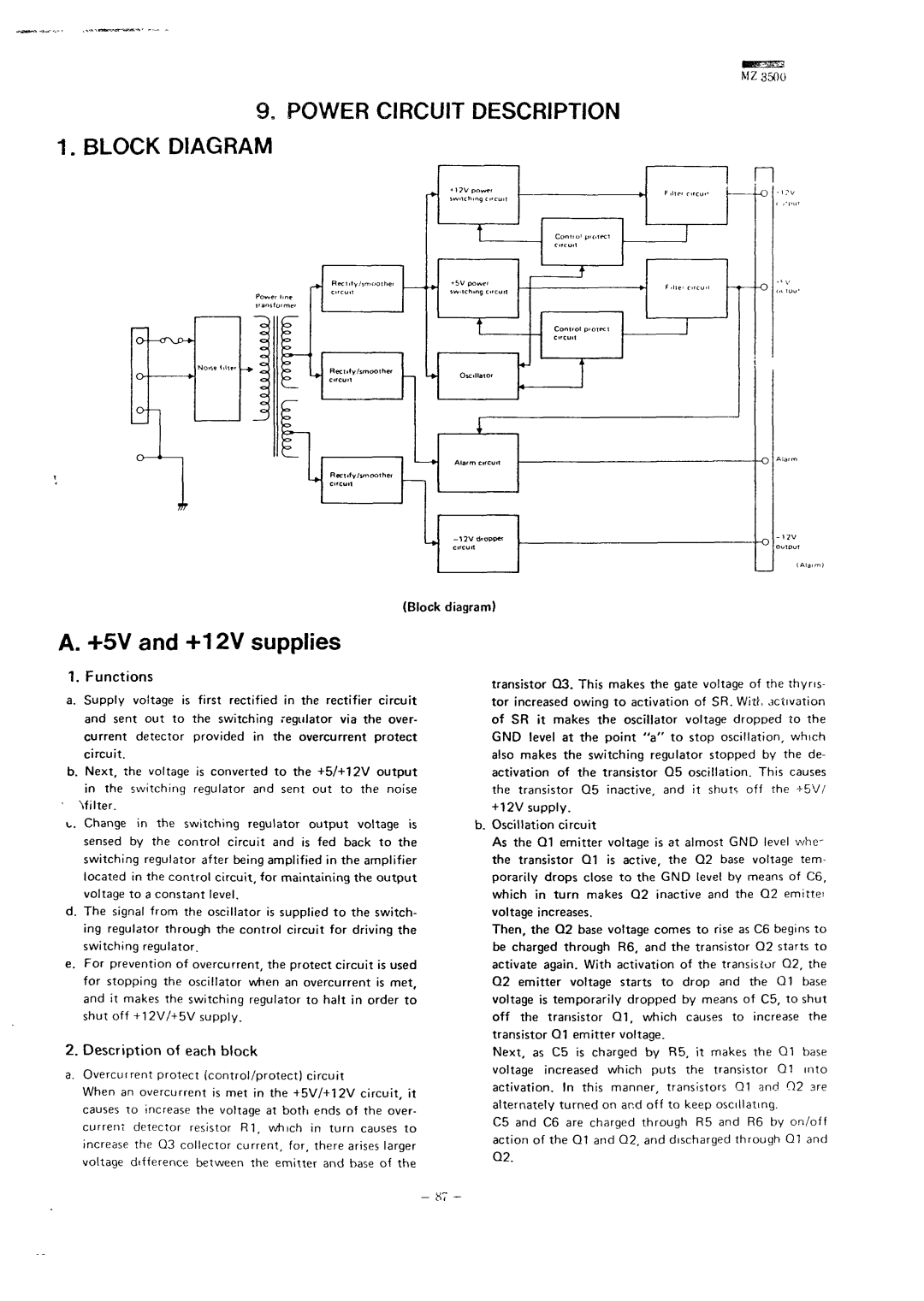 Sharp MZ-3500 service manual Functions, Description of each block, Block diagram 