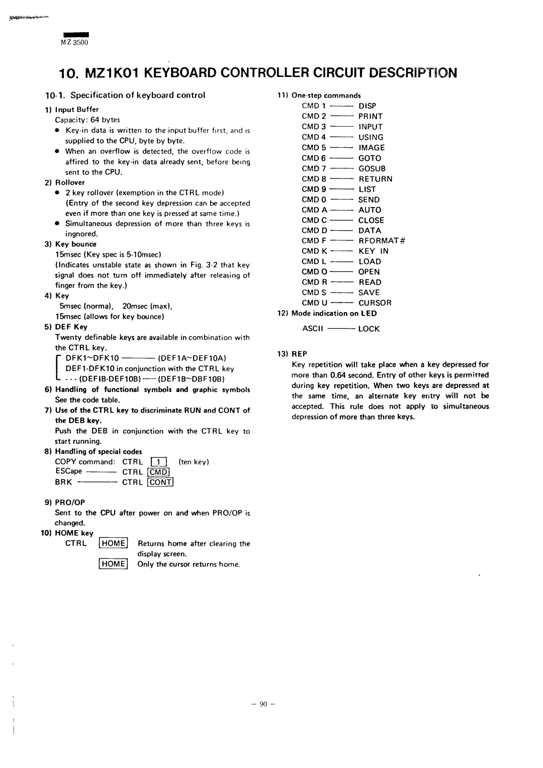 Sharp MZ-3500 service manual Specification of keyboard control, At rrn, Key 