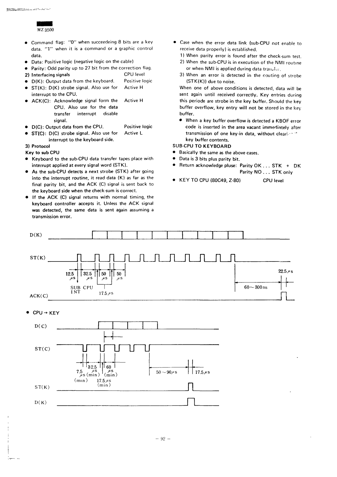 Sharp MZ-3500 service manual 132.5, 22.5/-s, Protocol Key to sub CPU 