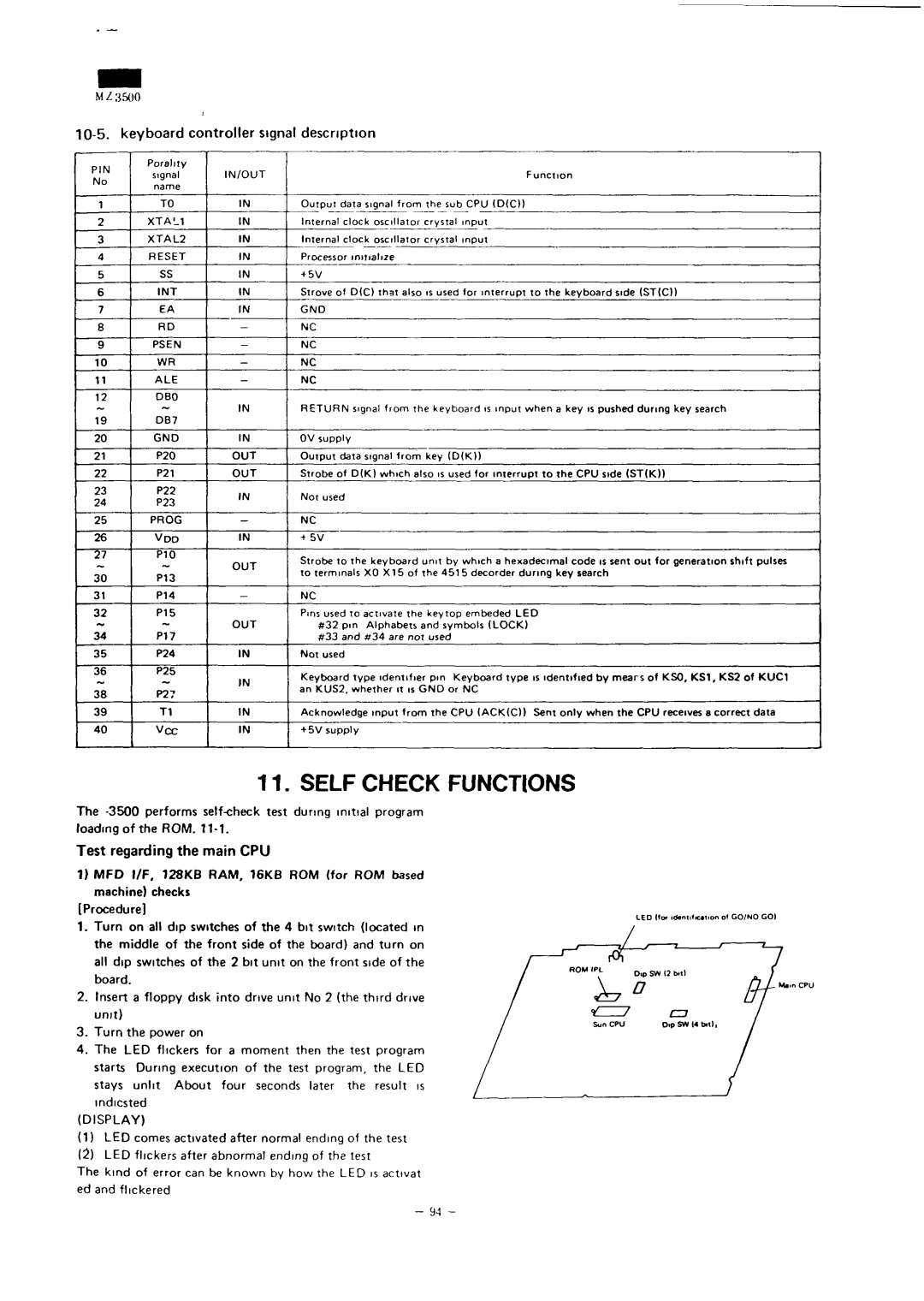 Sharp MZ-3500 service manual Keyboard controller signal description, Pin, XTAL1 XTAL2 Reset INT, ALE DBO DB7 GND, Prog VDO 