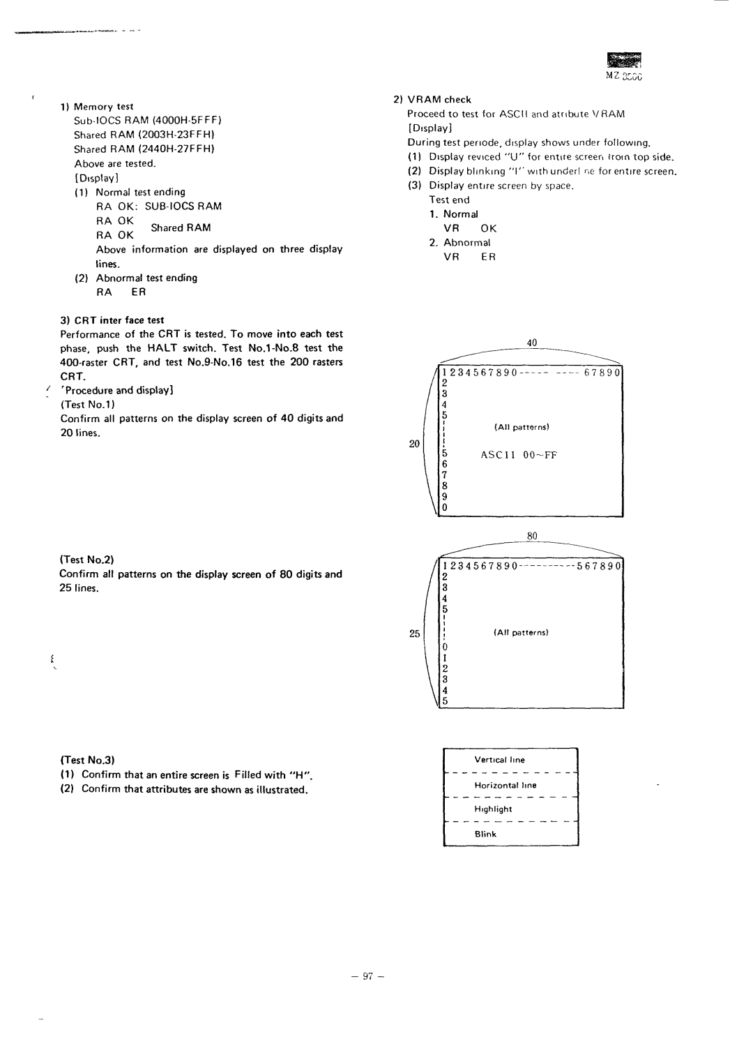 Sharp MZ-3500 service manual Shared RAM, CRT inter face test, Abnormal, S C I I 00-FF, Vertical line 