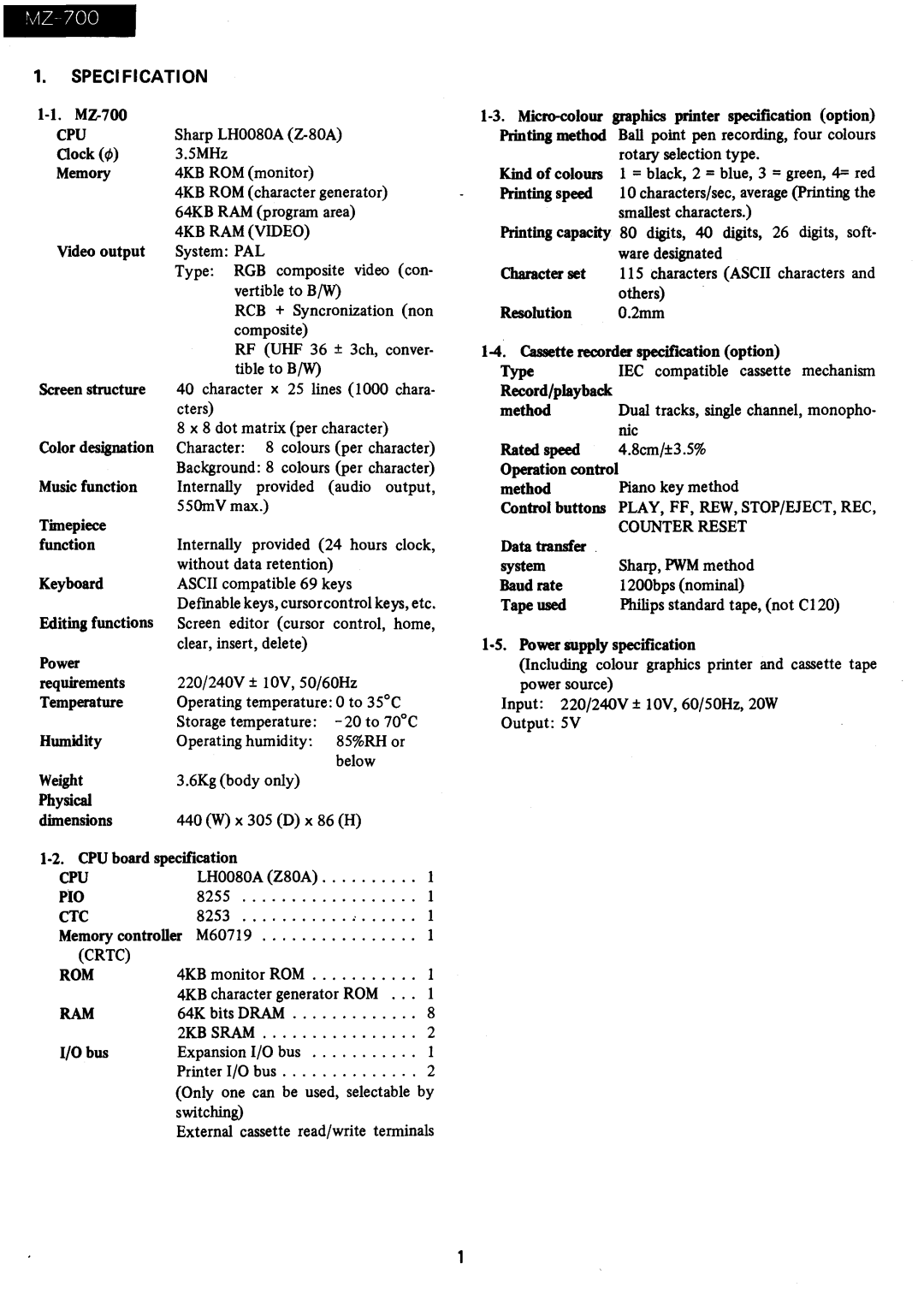 Sharp MZ-700 manual Cpu, 4KB RAM Video, Rcb, Ctc, Crtc ROM, 2KB Sram, Counter Reset 