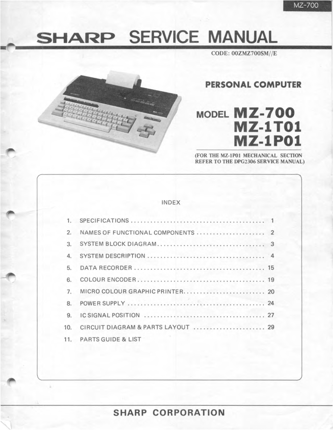Sharp manual Personal Computer, Sharp Service Manual, MZ-1TOl MZ-1POl, MODEL MZ-700, Sharp Corporation 