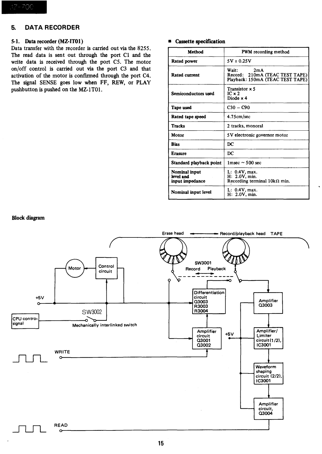 Sharp MZ-700 manual Data Recorder, Data recorder MZ-lT01, Cassette specification, Block diagram, SW3002 