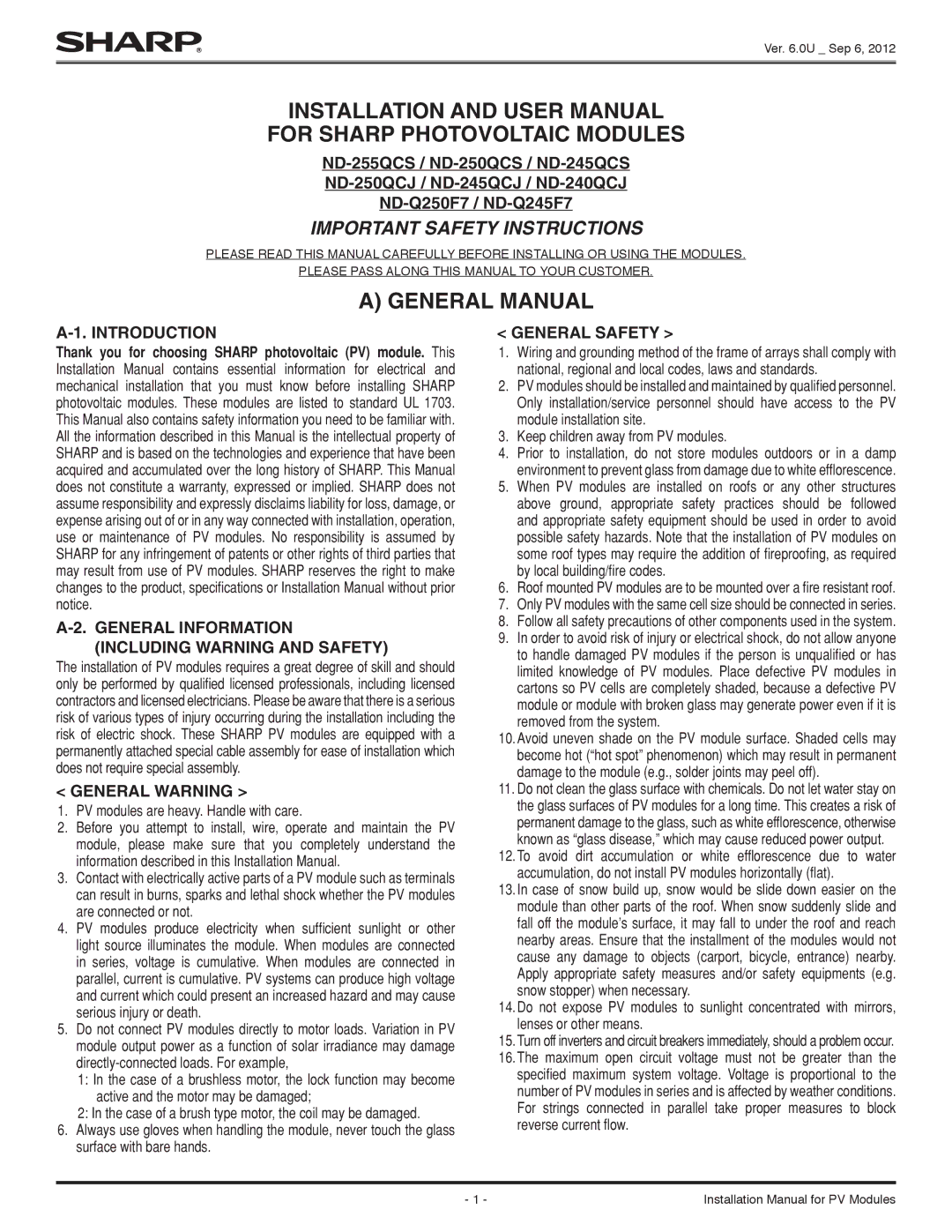 Sharp ND-255QCS important safety instructions For Sharp Photovoltaic Modules, General Manual 