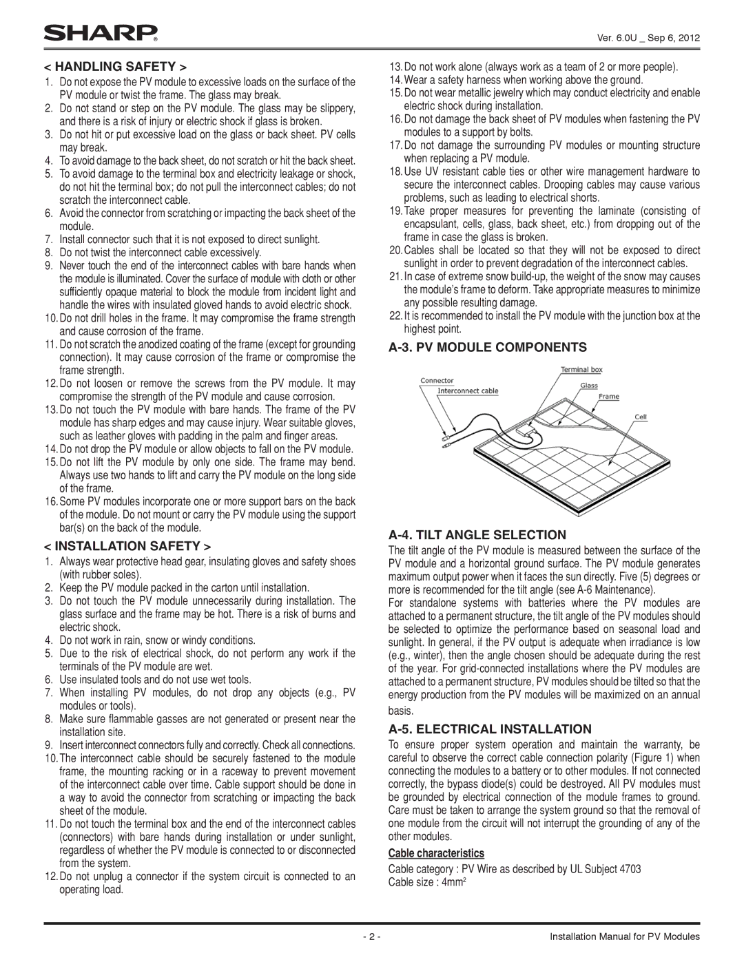 Sharp ND-255QCS Handling Safety, Installation Safety, PV Module Components Tilt Angle Selection, Electrical Installation 