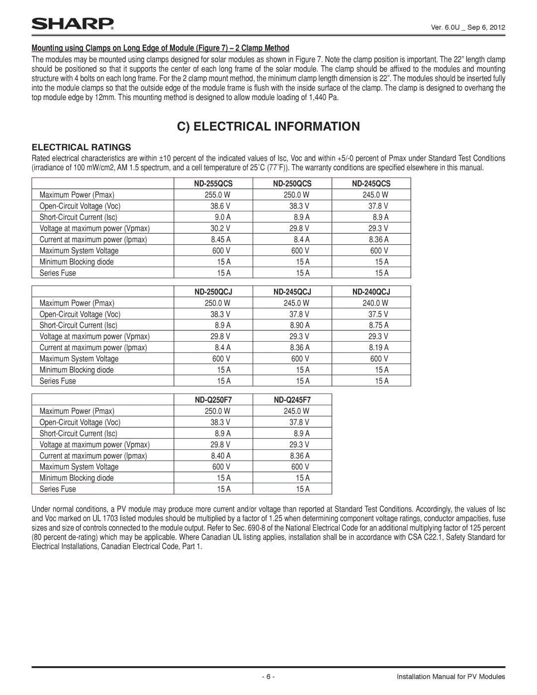 Sharp ND-255QCS important safety instructions Electrical Information, Electrical Ratings 