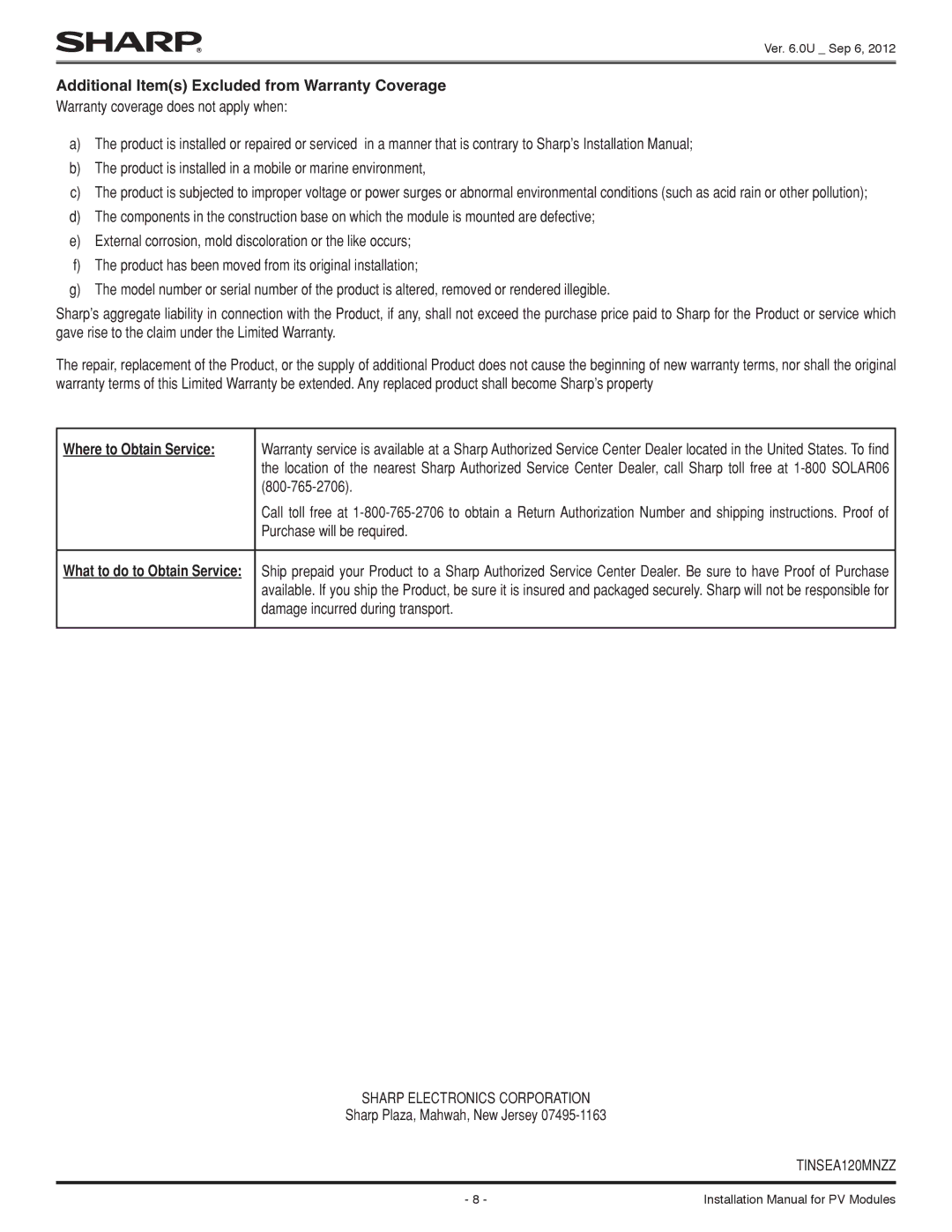 Sharp ND-255QCS Additional Items Excluded from Warranty Coverage, Where to Obtain Service, Purchase will be required 