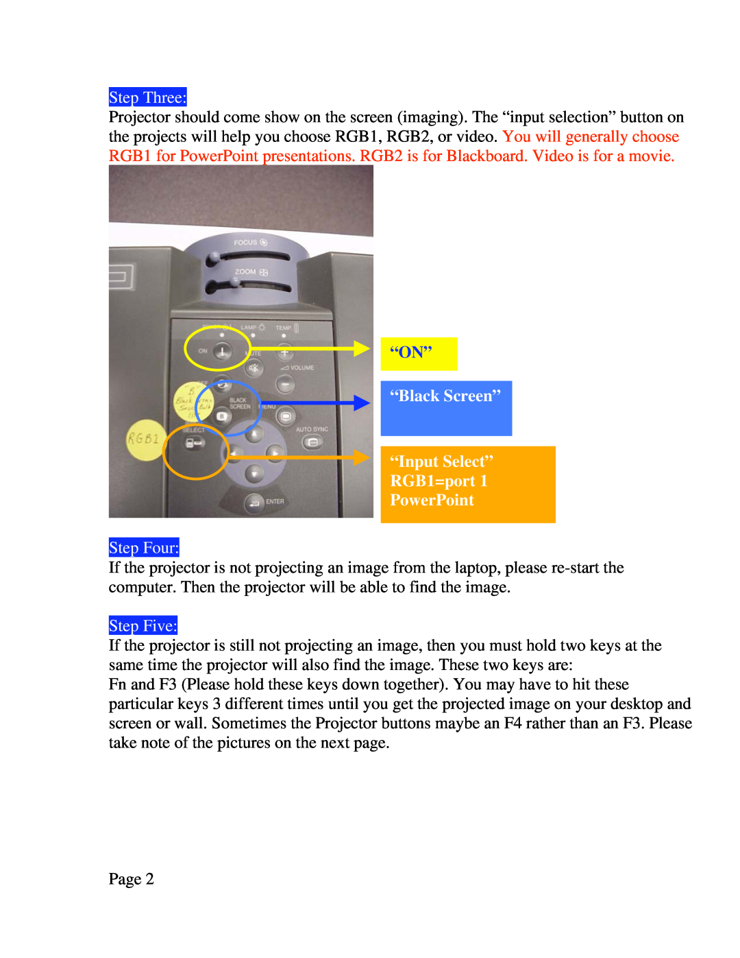 Sharp NV4 manual Step Three, “On”, “Black Screen” “Input Select” RGB1=port PowerPoint, Step Four, Step Five 