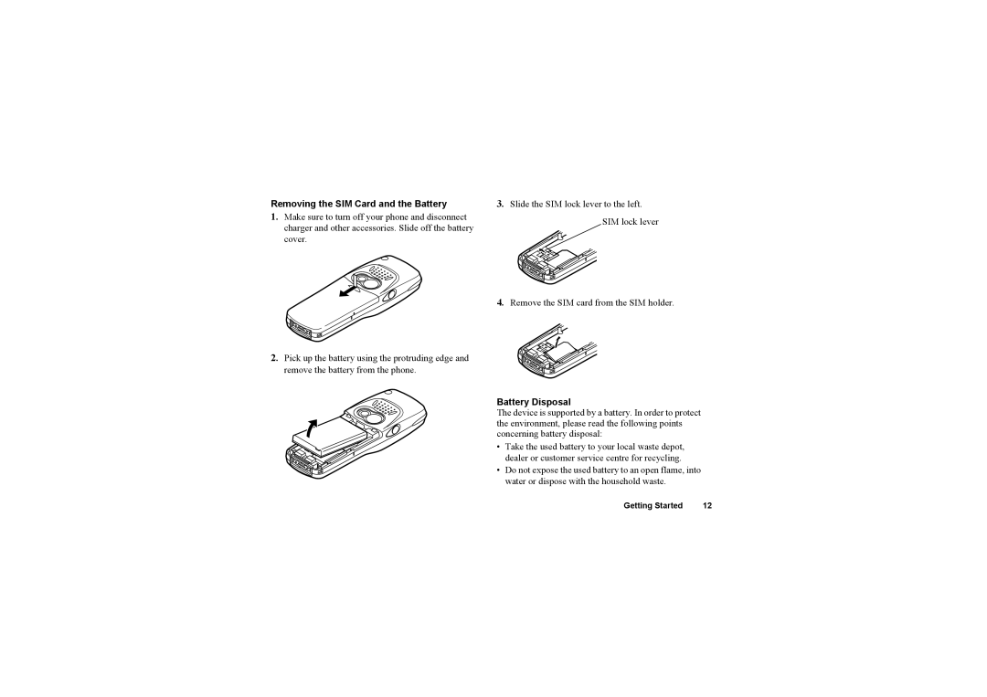 Sharp O2 manual Removing the SIM Card and the Battery, Battery Disposal 