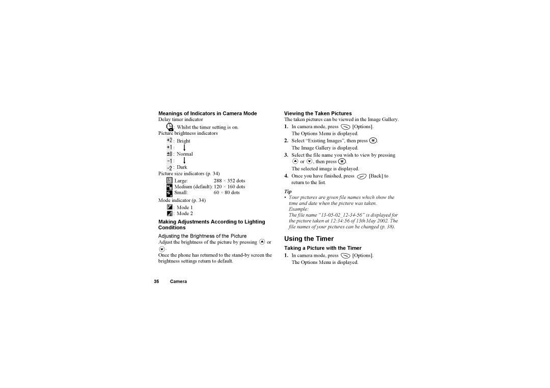 Sharp O2 manual Using the Timer, Meanings of Indicators in Camera Mode Delay timer indicator, Viewing the Taken Pictures 