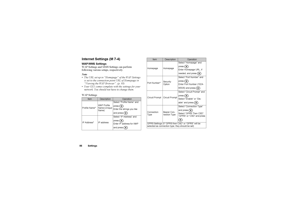 Sharp O2 manual Internet Settings M, WAP/MMS Settings 