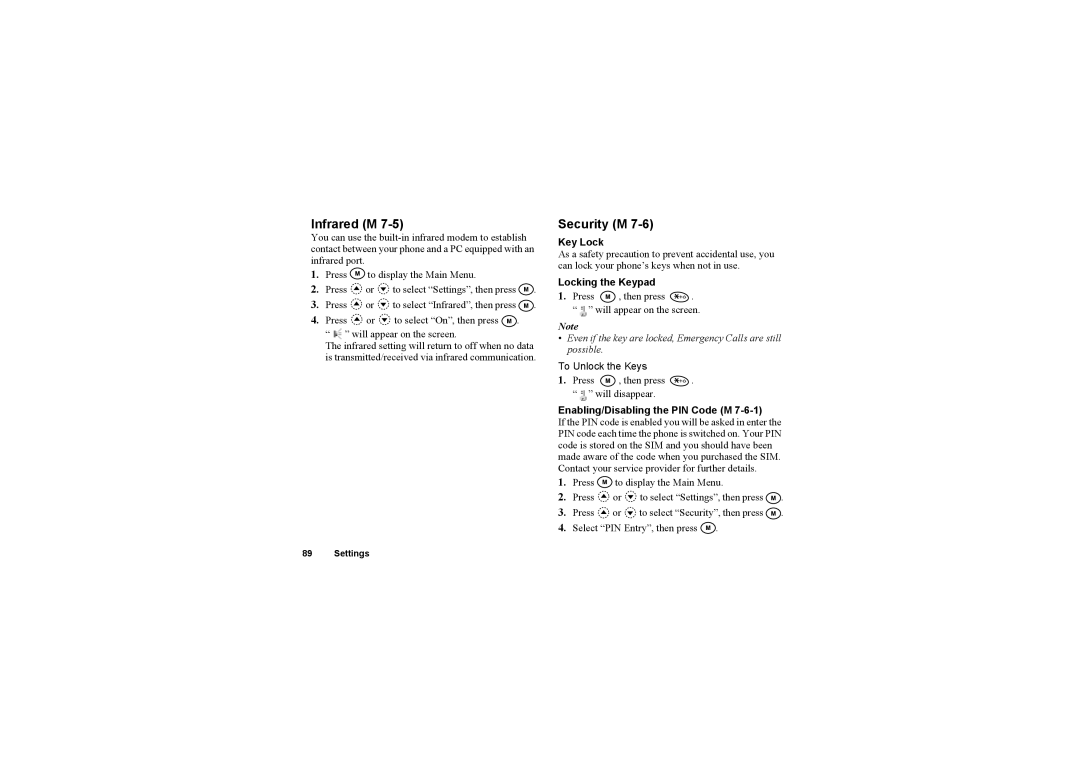 Sharp O2 manual Infrared M, Security M, Key Lock, Locking the Keypad, Enabling/Disabling the PIN Code M 