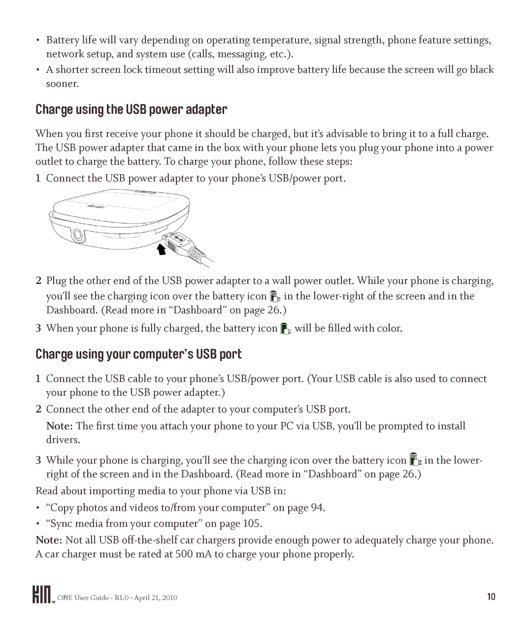 Sharp OMPB10ZU manual Charge using the USB power adapter, Charge using your computer’s USB port 