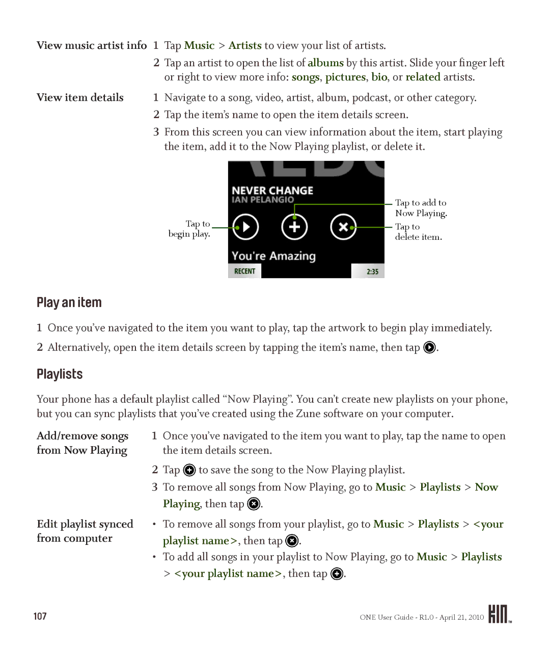 Sharp OMPB10ZU manual Play an item, Playlists, Item details screen, Playlist name , then tap 