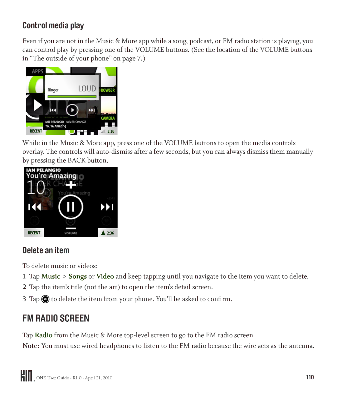 Sharp OMPB10ZU manual FM Radio Screen, Control media play, Delete an item, To delete music or videos 