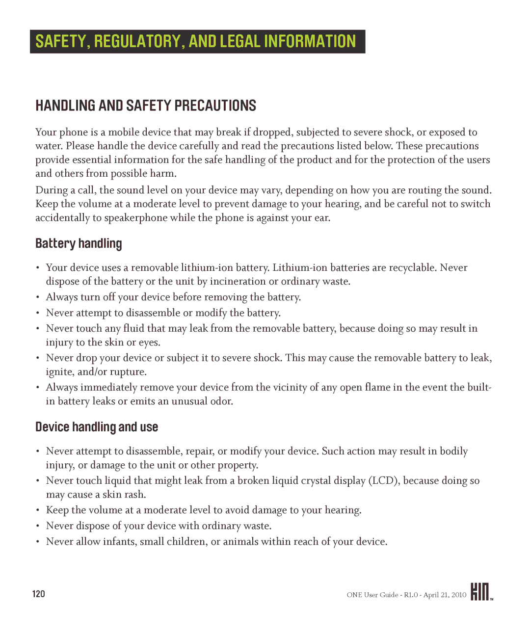 Sharp OMPB10ZU manual SAFETY, REGULATORY, and Legal Information, Handling and Safety Precautions, Battery handling 