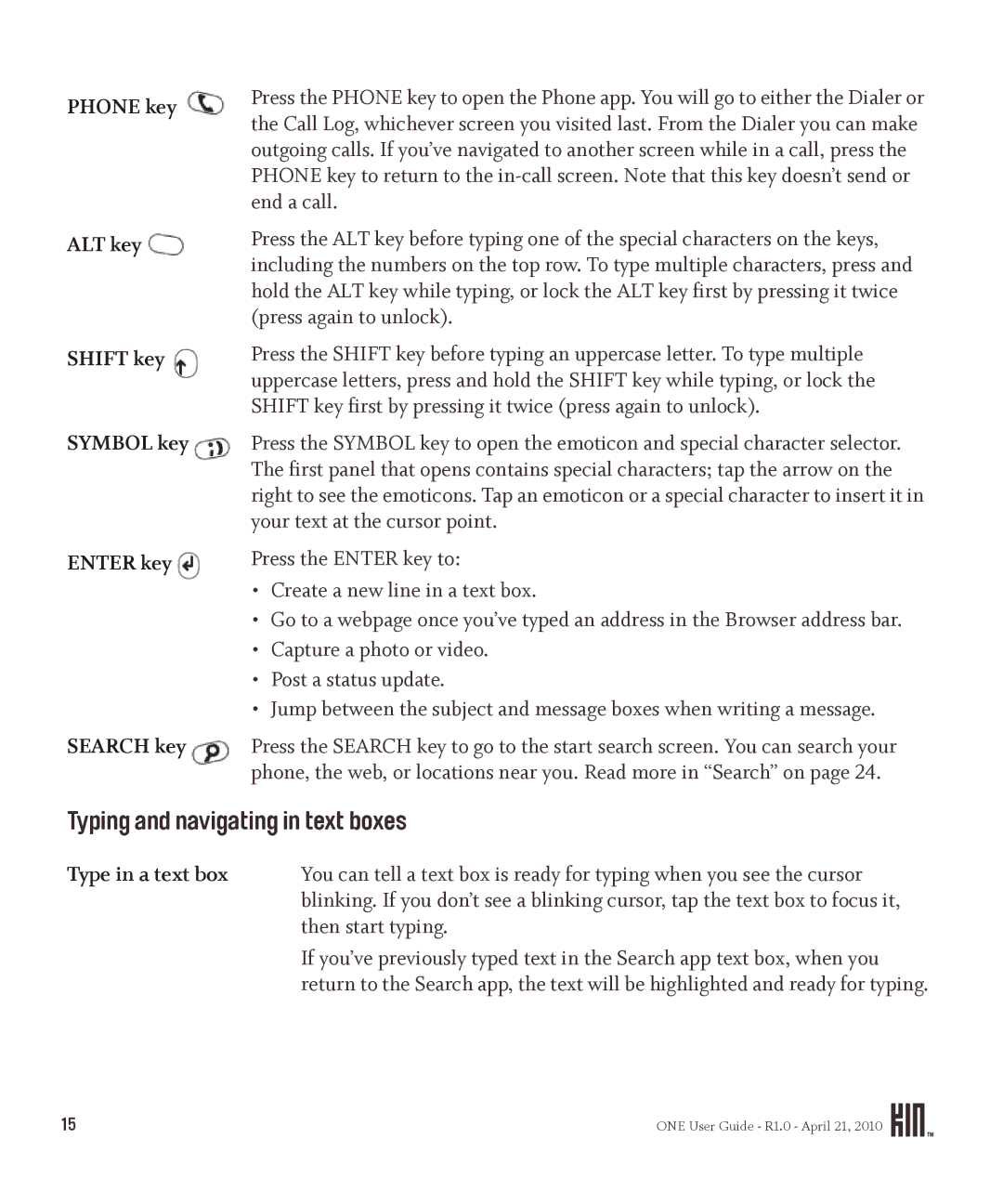 Sharp OMPB10ZU manual Typing and navigating in text boxes, Phone key ALT key Shift key Symbol key Enter key Search key 