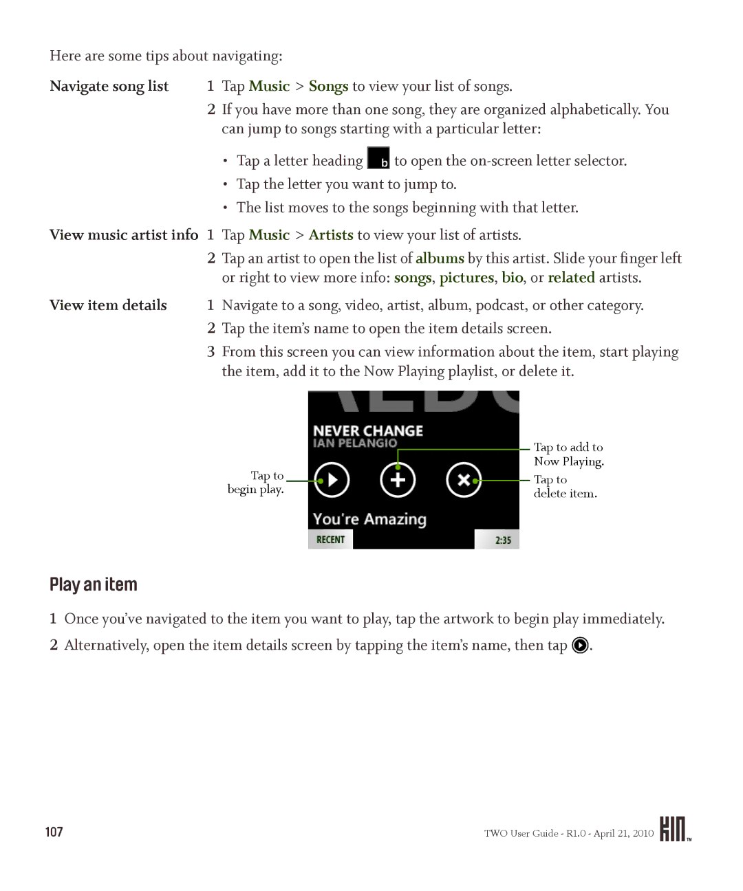 Sharp OMPB20ZU manual Play an item, Navigate song list, View item details 