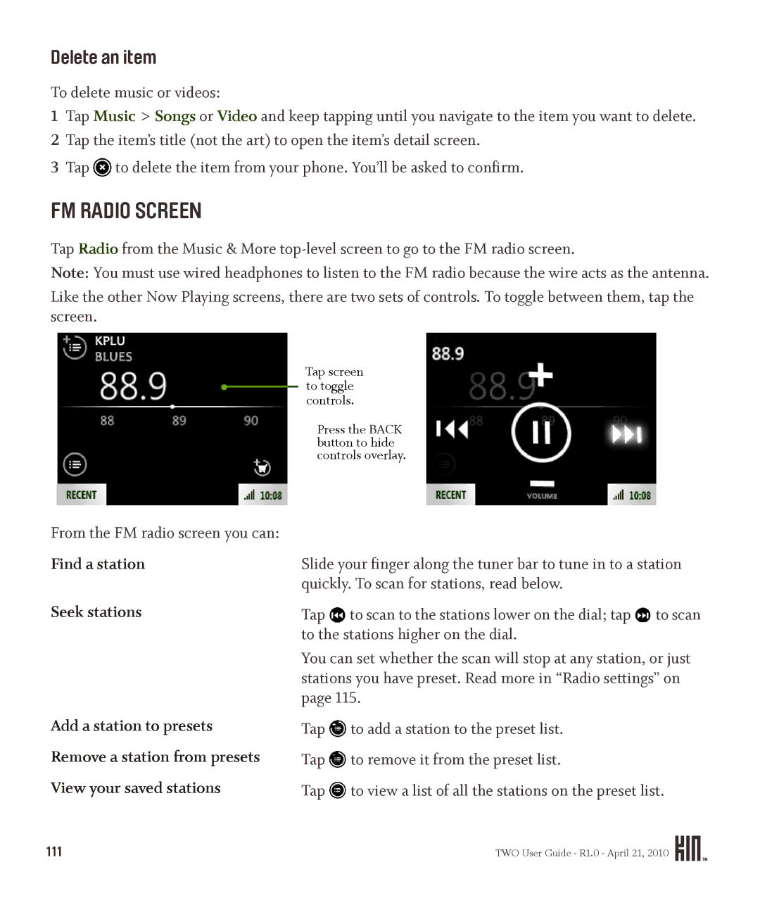 Sharp OMPB20ZU manual FM Radio Screen, Delete an item, To delete music or videos, Find a station Seek stations 