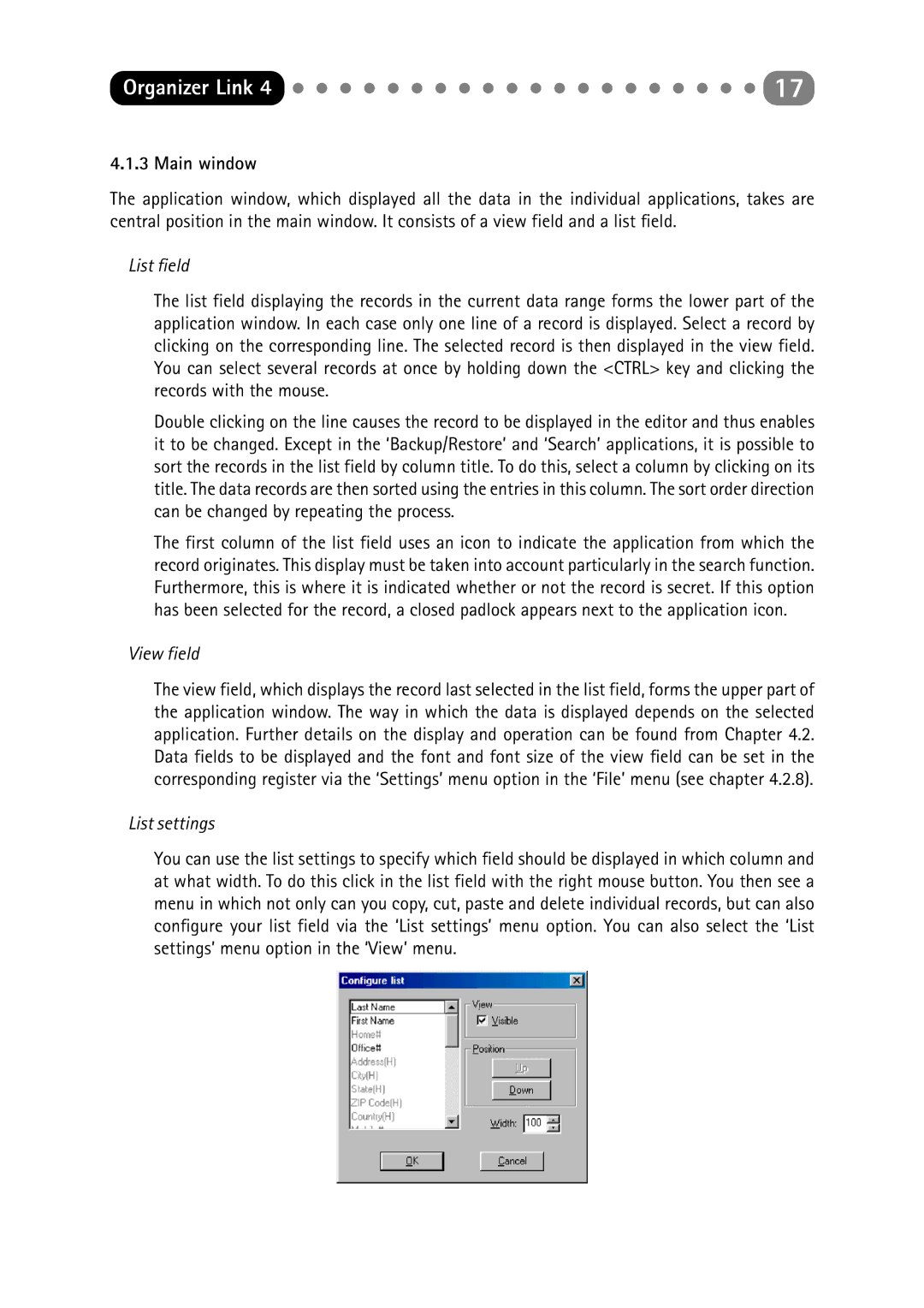 Sharp ORGANIZER Link4 manual Main window, List field, View field, List settings 