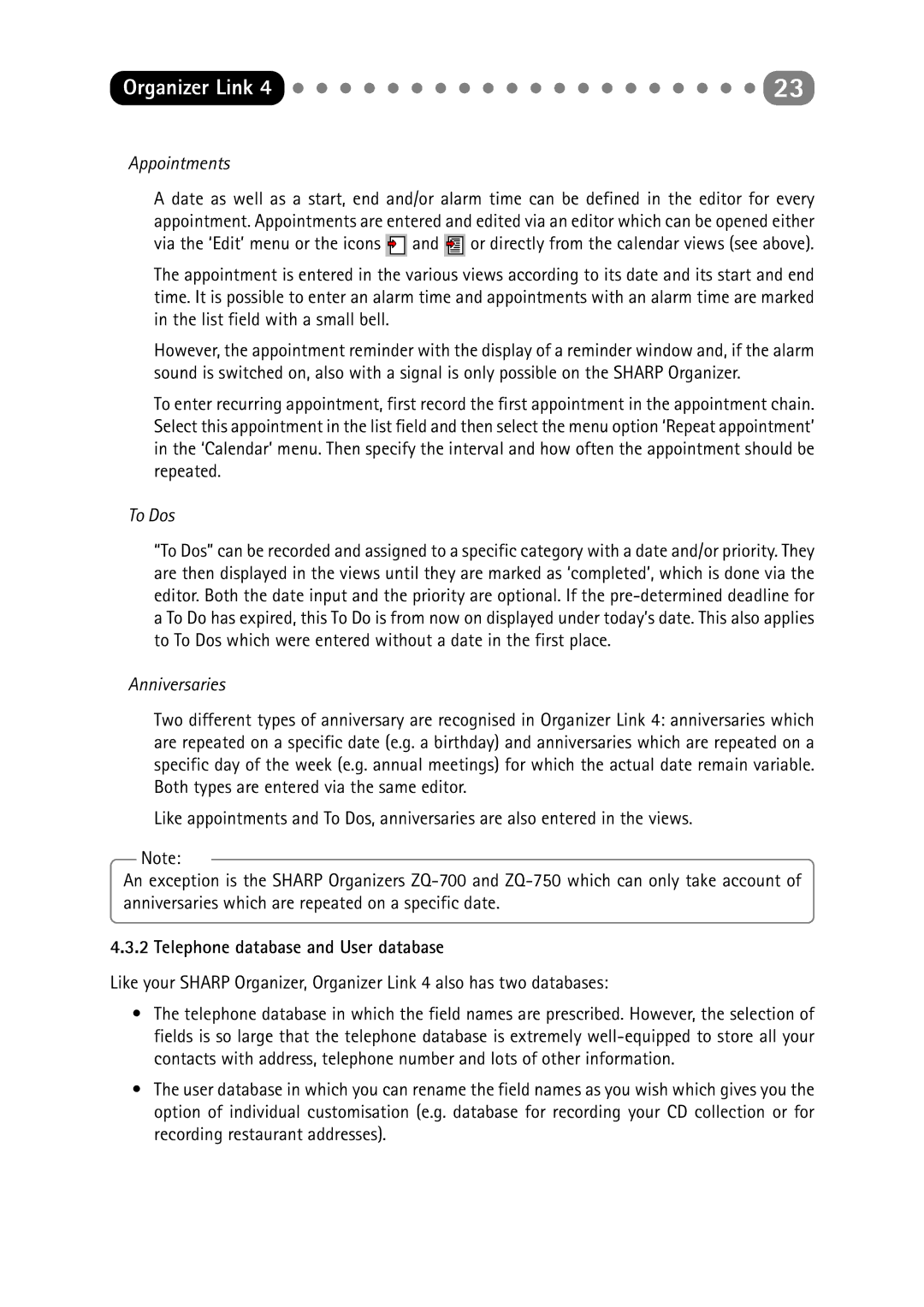 Sharp ORGANIZER Link4 manual Appointments, To Dos, Anniversaries, Telephone database and User database 