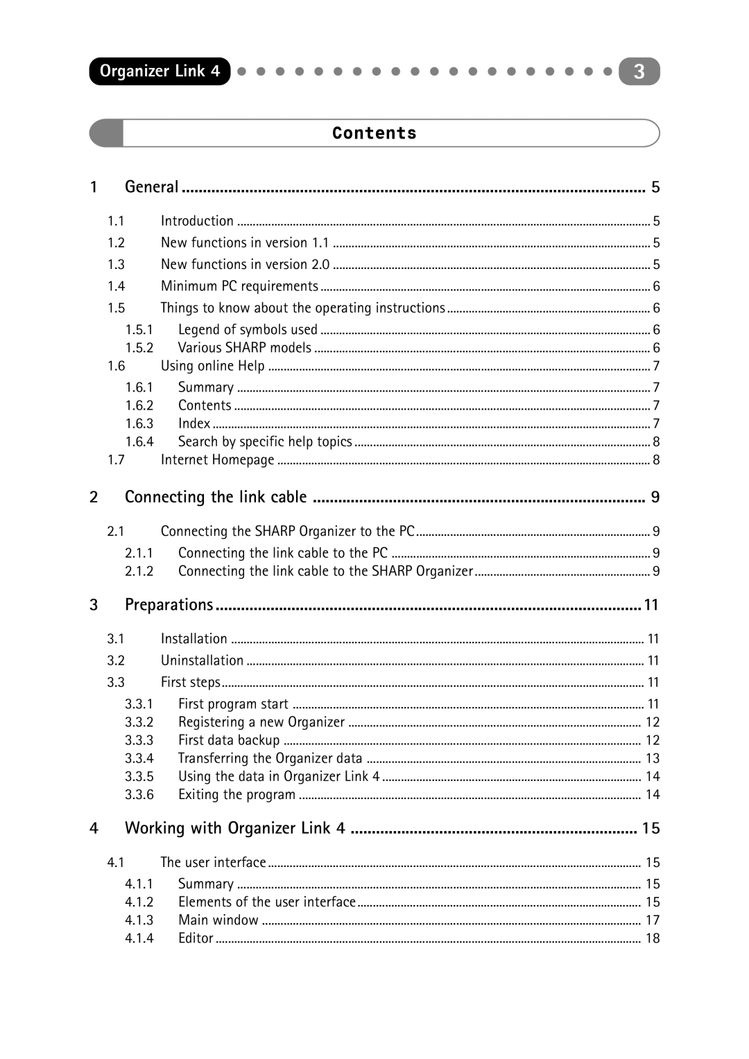 Sharp ORGANIZER Link4 manual Contents 